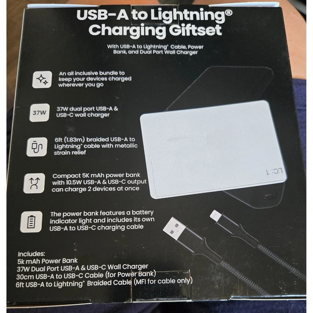 USB-A to Lightning Charging Giftset 5K Power‎ Bank 37W Dual Wall Charger 6ft